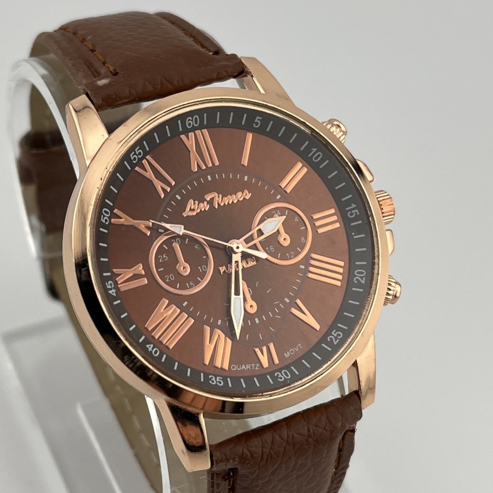 Liu Times Watch‎ Women 40mm Rose Gold Case Brown Faux Leather Band- New Battery